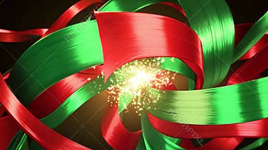 Red and green ribbons are blending together, flowing and swirling around a bright light source emitting golden particles