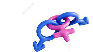 A 3d animation of pink female symbol and two blue male symbols.