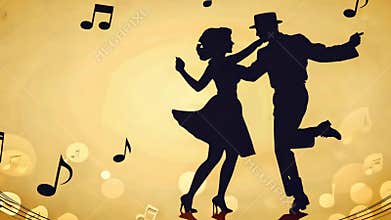 Couple dancing lindy hop silhouette on golden background with musical notes