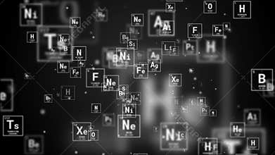 Flying square icons of the chemical elements of the Mendeleev table on a black animated