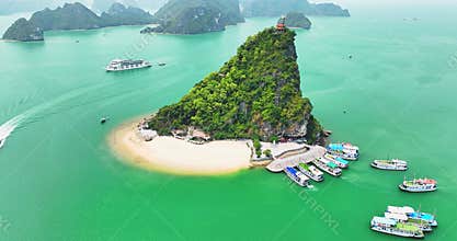 Aerial view of Ha Long bay during daytime beautiful emerald green water.