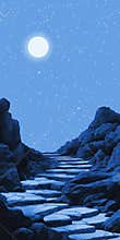 Serene moonlit path through rocky landscape under a starlit sky