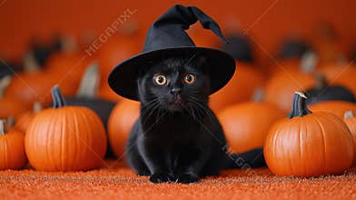 Adorable Black Cat in Witch Hat Surrounded by Pumpkins for Halloween