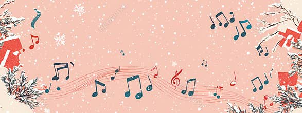 Musical notes in winter patterns on pale pink background