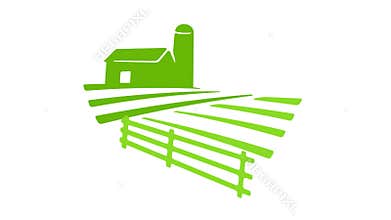 Field with barn and silo tower, graphic animation. Alpha channel. Colored