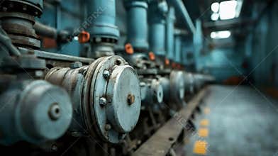 Close-up of interconnected pipes and valves within industrial machinery, highlighting the complexity of factory