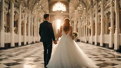 Bride and Groom Walking Towards Light in Church