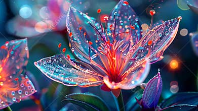 A beautiful fantasy flower showcases vibrant colors and glistening droplets in a serene garden setting