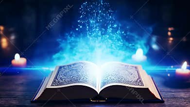 Open spell book with glowing pages.