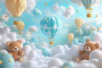 A blue and yellow hot air balloon with a teddy bear in the middle of it