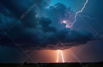Dramatic storm clouds meet ground with twin lightning strikes. Powerful natural energy displays intense weather. Dark ominous