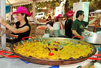 Paella on bar counter, Marbella, Spain.