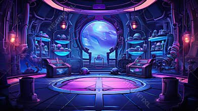 Witch or wizard alchemical laboratory with magic books and potions with mystic glow at night. Futuristic alchemy lab