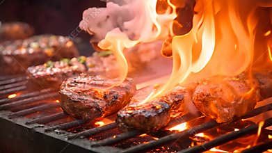 Beef steaks on a barbecue grill with flames in the background, Closeup of barbecues cooking grilling on charcoal, top section