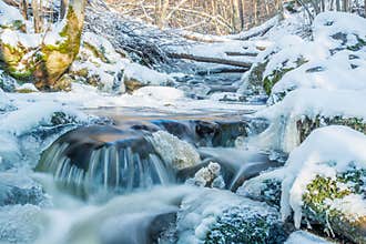 Flowing stream in winter. Ice on stones.