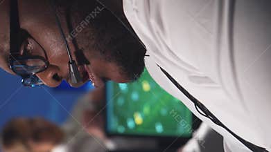 Workplace of the air traffic controllers in the control tower. Team of professional aircraft control officers works