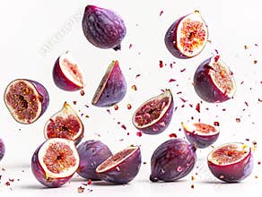 photography of FIGS falling from the sky, hyperpop colour scheme. glossy, white background Fig collection. Fig isolated