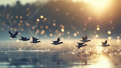 A flock of birds flying over the lake resembling the freedom and liberation one feels after letting go of past burdens