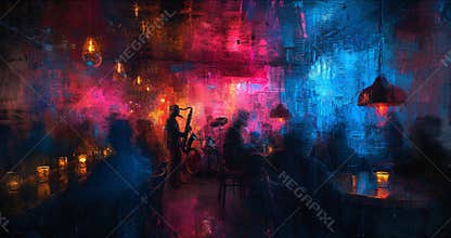 A dimly lit jazz club the sounds of a saxophone weaving through the neondrenched room as shadowy figures engage in