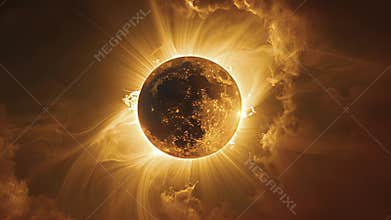 An abstract image of the sun resembling an orange slice being gradually consumed by the moons advancing shadow during a