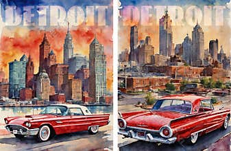 Detroit vintage Travel Poster with old red Ford thunderbird