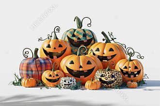 Whimsical Halloween Pumpkins with Unique Patterns and Expressions