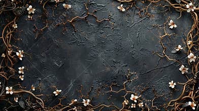 Dark gothic fantasy backdrop with dry branches and delicate flowers