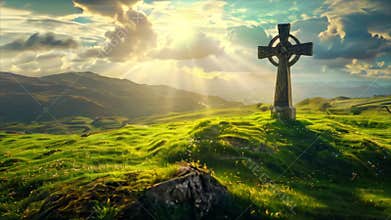 Gothic celtic cross on a hill with sunshine in the blue sky. Heavenly light behind ancient symbol of faith