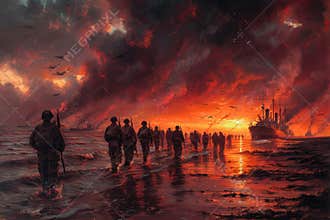 Normandy landing ww2 soldiers on beach, oil painting with warships, fighter planes, dramatic sky