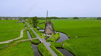 Areal view of Achtkante Molen wind mill located near Streefkerk in the Netherlands