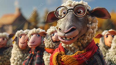 Animated Sheep Wearing Glasses and Scarf in a Rural Setting