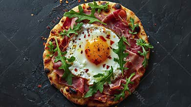 Gourmet Pizza with Egg, Ham, and Arugula on Dark Background