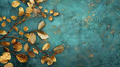 Grunge gold leaves tree branch on blue, teal textured background.