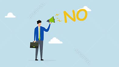 Learn to say no, 4k animation of confident businessman speaks loudly in megaphone with the word No to his boss.