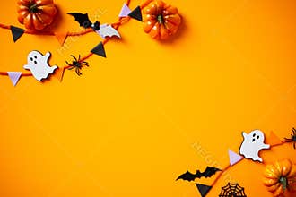 Happy Halloween concept. Flat lay composition with bunting, pumpkins, ghosts, bats on orange background