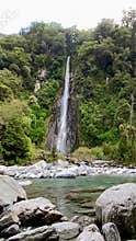 Thunder Creek Falls and Haast river, Mount Aspiring National Park, New Zealand