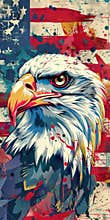 A colorful and dynamic illustration of a bald eagle with an American flag