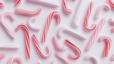 Pink and white candy canes on soft pink background create festive holiday pattern, evoking joyful celebrations. Image