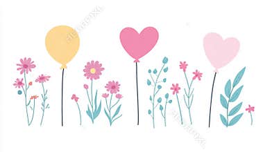 A set of cute flat flowers and plants clipart  style with a white background