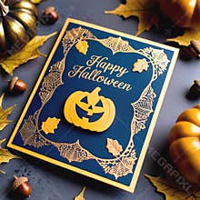 Halloween Greeting Card with Pumpkin and Golden Leaf Design