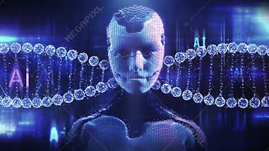 Animation of an AI digital avatar against the background of a DNA chain.