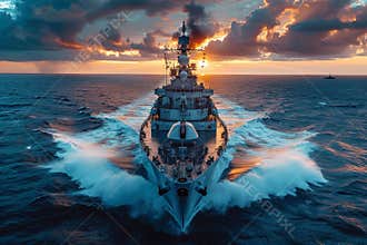 Missile cruiser navigating the sea under a blue sky a symbol of naval defense and warfare