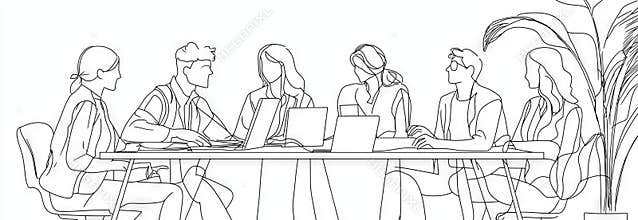 The continuous drawing shows an office team in one line.