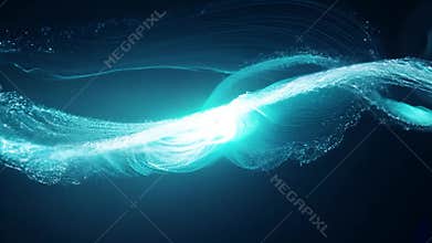 Glowing lines and dots are forming an abstract wave shape on dark blue background. This digital illustration can