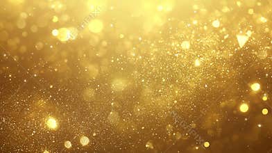 Golden glitter is sparkling on a gold background with bokeh effects, creating a festive atmosphere