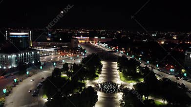 Aerial Freedom Square in night Kharkiv city