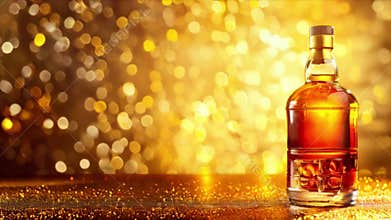Scotch whiskey or brandy bottle, alcohol drink isolated on the table with luxury golden background and copy space