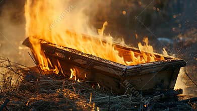 Wooden coffin burning in a field at sunset, conceptual image of farewell and cremation