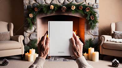 Senior woman holding blank book in front of fireplace at christmas time