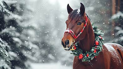Majestic horse adorned with Christmas wreath in snowy forest, winter holiday, festive, Christmas spirit, seasonal